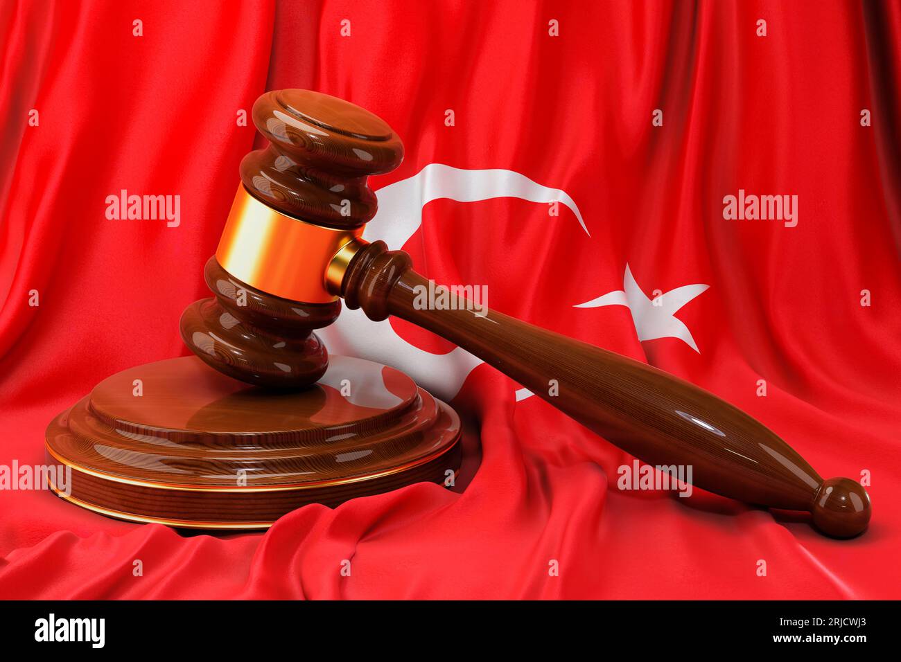 Türkisches Recht und Justizkonzept. Holzgabel auf der Flagge der Türkei, 3D-Rendering Stockfoto
