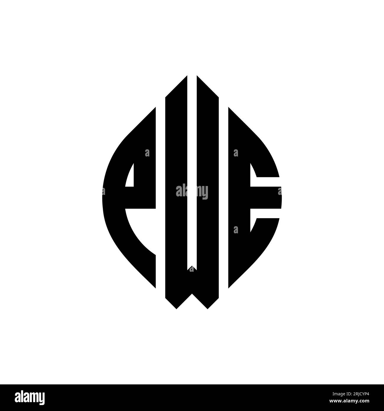 PWE kreisförmiges Logo mit Kreis- und Ellipsenform. PWE-Ellipsenbuchstaben im typografischen Stil. Die drei Initialen bilden ein kreisförmiges Logo. PWE CI Stock Vektor