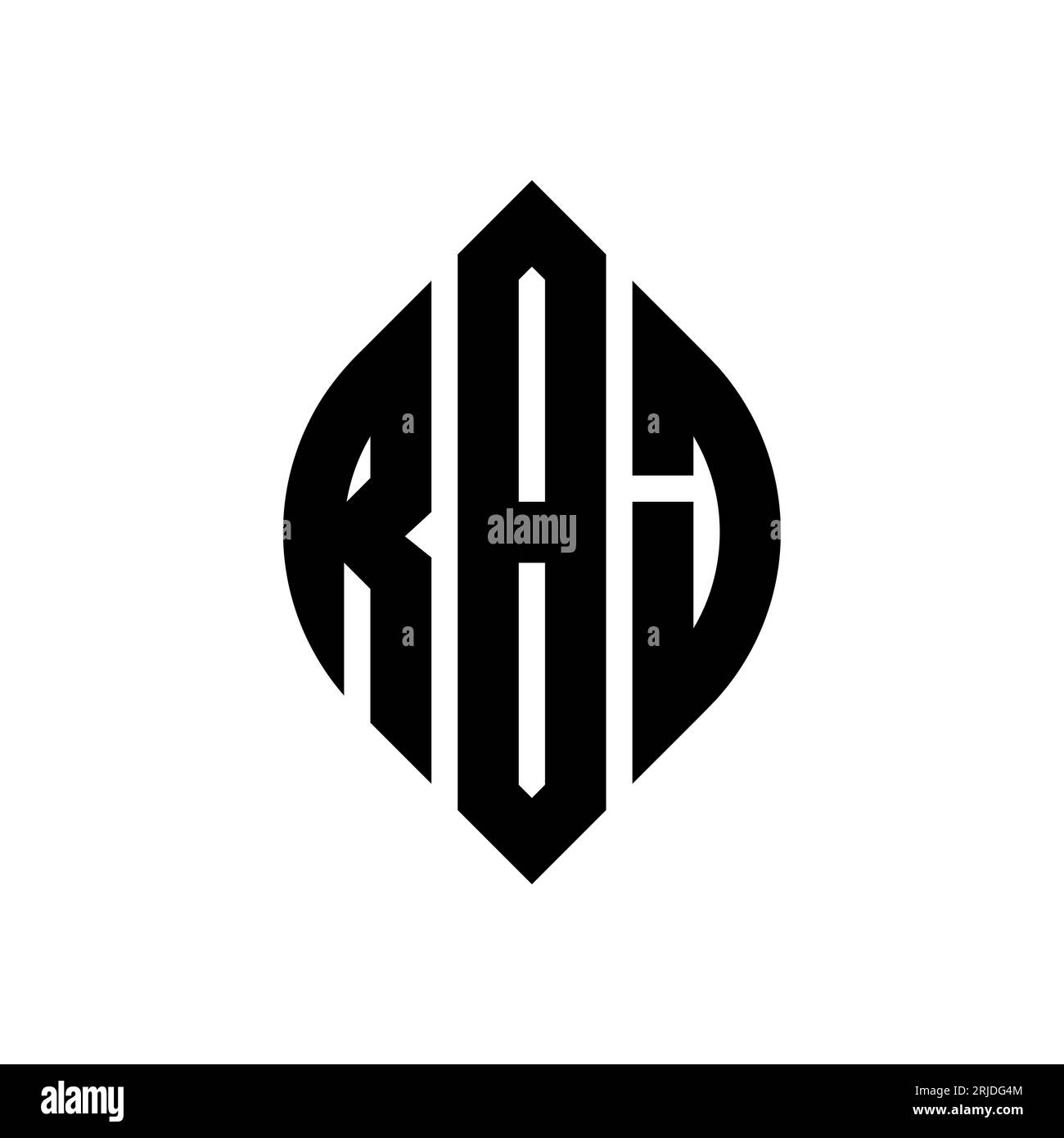 RBJ kreisförmiges Logo mit Kreis- und Ellipsenform. RBJ-Ellipsenbuchstaben im typografischen Stil. Die drei Initialen bilden ein kreisförmiges Logo. RBJ CI Stock Vektor