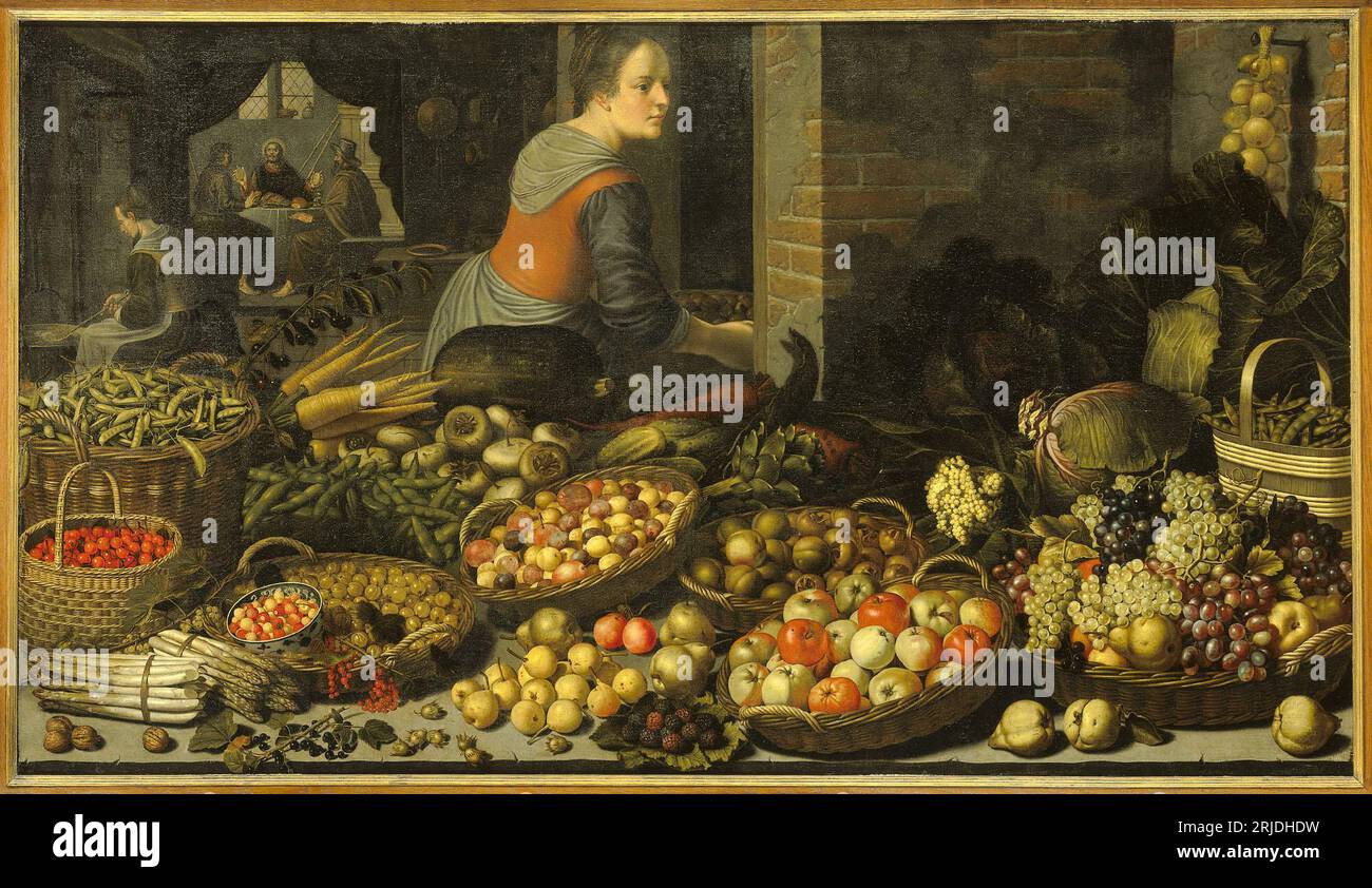 Stillleben mit Obst und Gemüse mit Christus in Emmaus um 1630 von Floris van Schooten Stockfoto