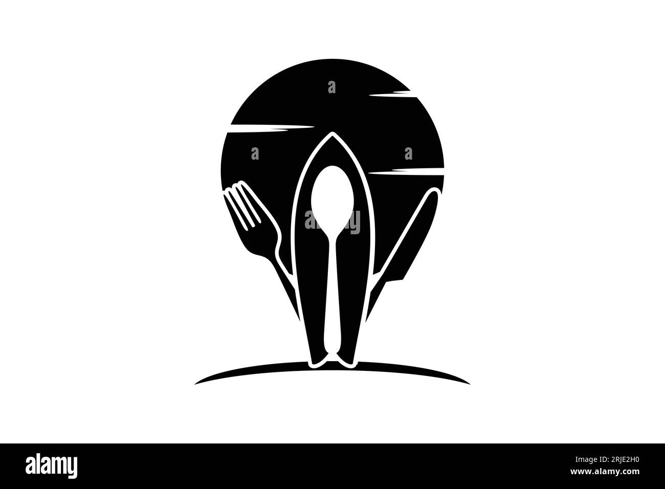 Design mit dem Logo von Sun Spoon, Gabelmesser und Surf Board for Beach Restaurant Stock Vektor