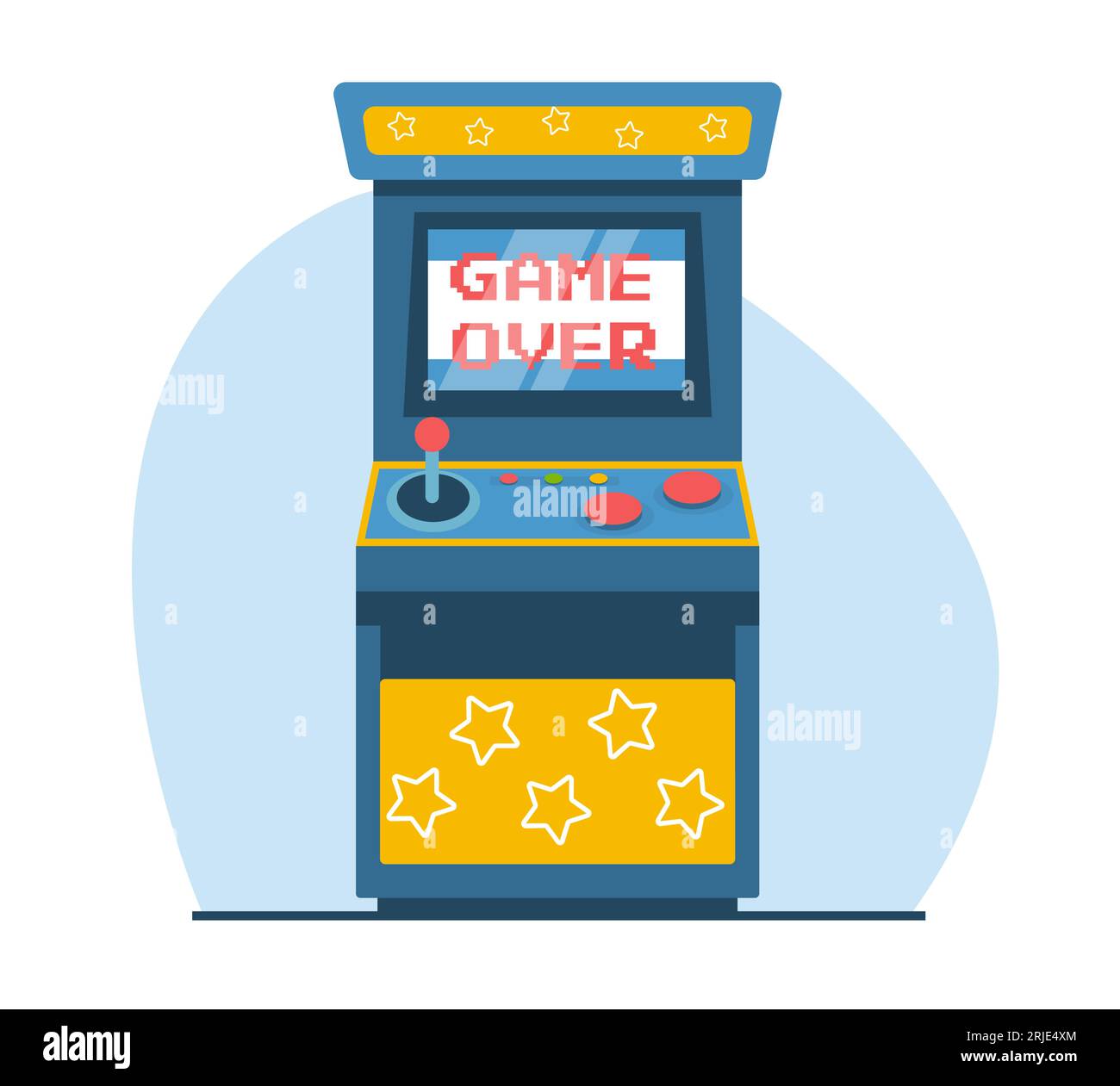 Retro-Arcade-Spielautomat mit Game-over-Message auf dem Bildschirm. Unterhaltungsspielgeräte mit Joystick und Display. Klassisches 8-Bit-Video. Cartoon Stock Vektor