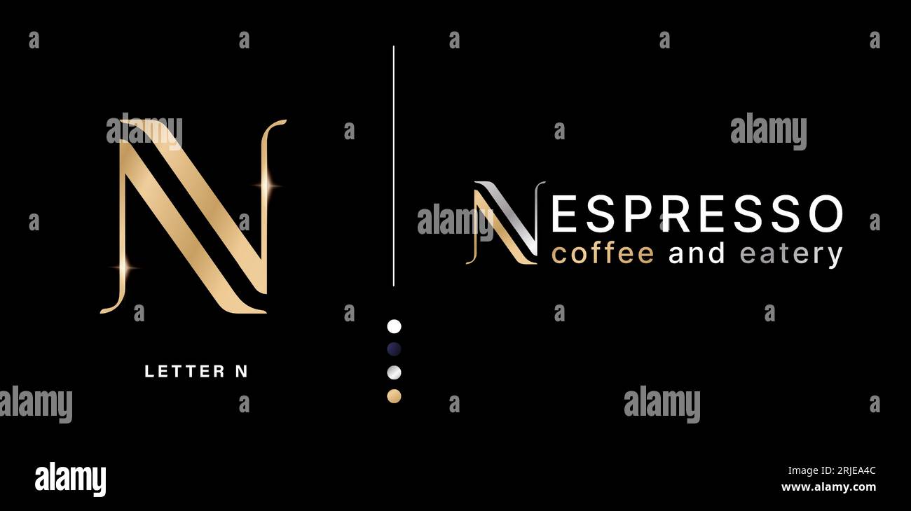 Logo-Design mit N-Gold-Buchstaben für Unternehmen. Geeignet für ein Luxusunternehmen, das für Werbematerial, Collagendruck und Werbekampagnen geeignet ist Stock Vektor