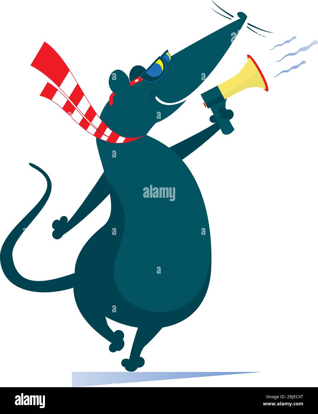 Lustige Ratte oder Maus macht Ansage zur Megaphon-Illustration. Comic-Ratte oder -Maus schreit Megaphon an. Isoliert auf weißem Hintergrund Stock Vektor