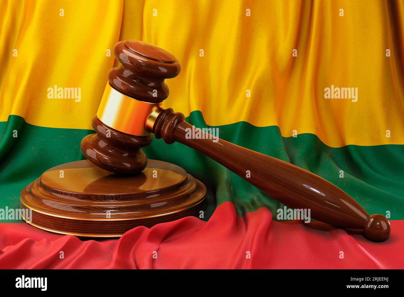 Litauisches Recht- und Justizkonzept. Holzgabel auf der Flagge Litauens, 3D-Rendering Stockfoto
