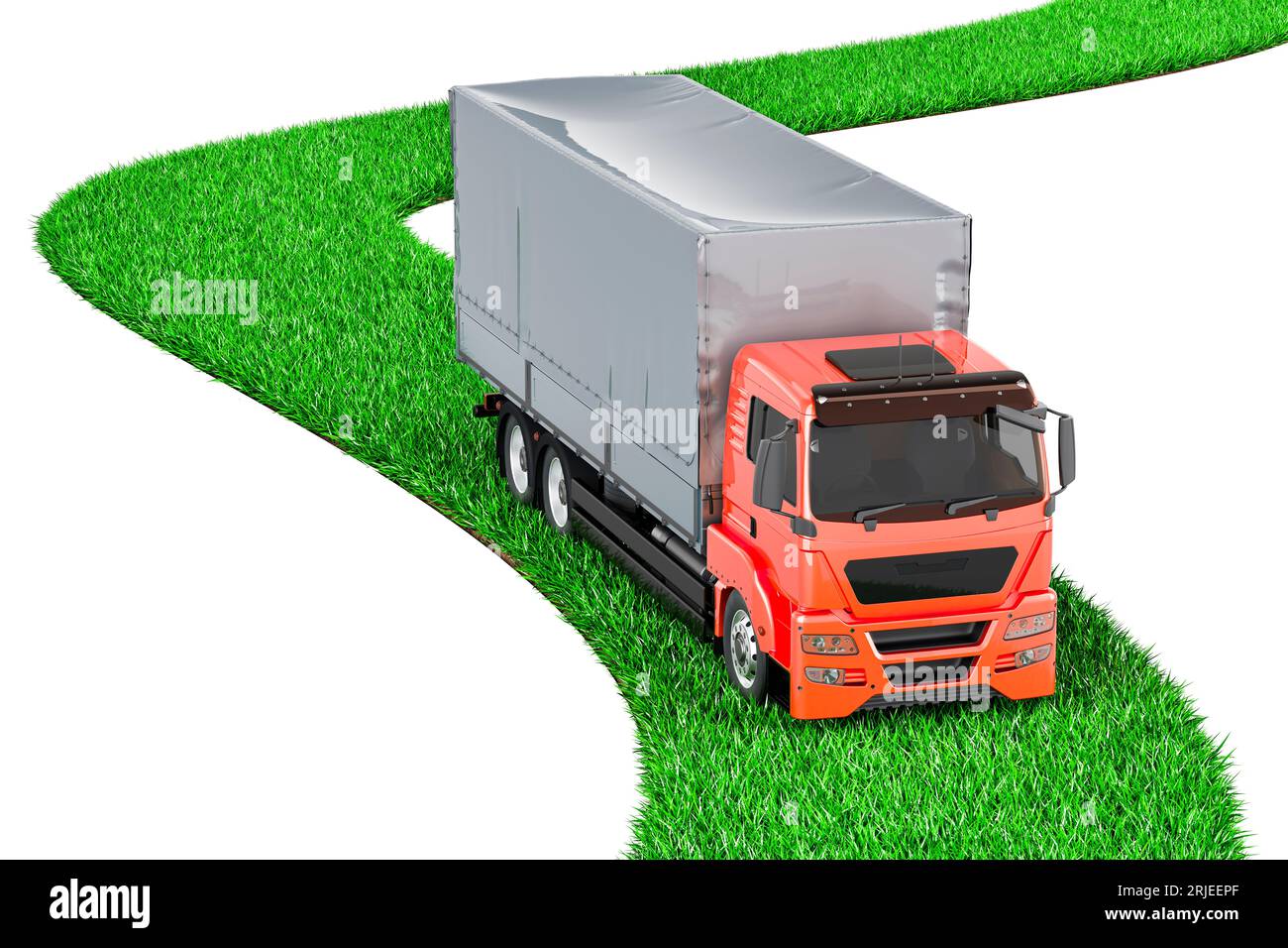 Lkw auf grünem Grasweg, 3D-Rendering isoliert auf weißem Hintergrund Stockfoto