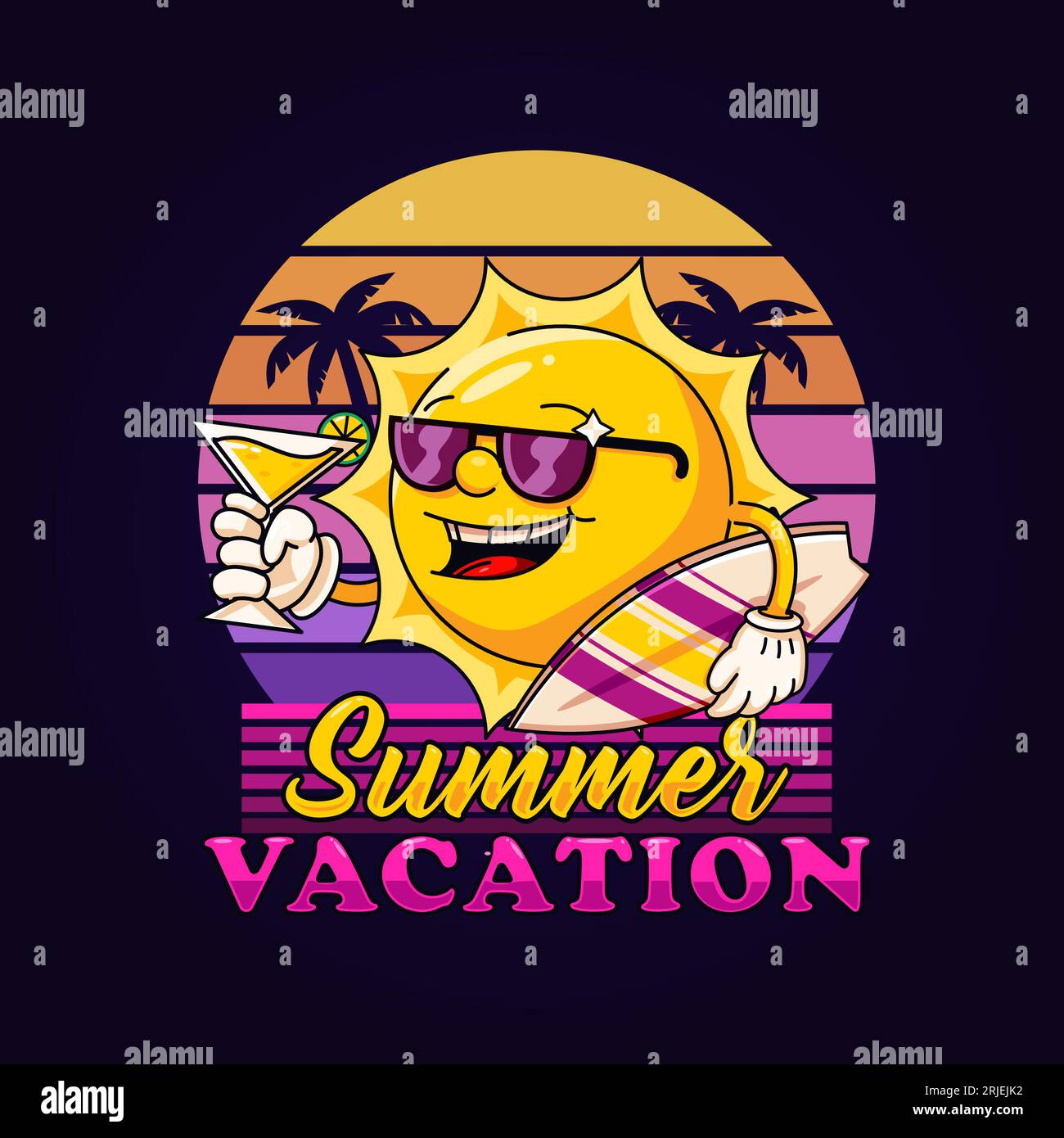 Sommerurlaub, entspannendes Sonnenmaskottchen. Perfekt für Logos, Maskottchen, T-Shirts, Aufkleber und Poster Stock Vektor