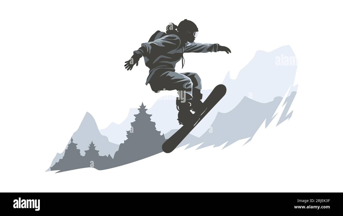 Snowboarden, Snowboarden springen in verschneiten Bergen, Hintergrund. Mann mit Snowboard im flachen Stil. Stock Vektor