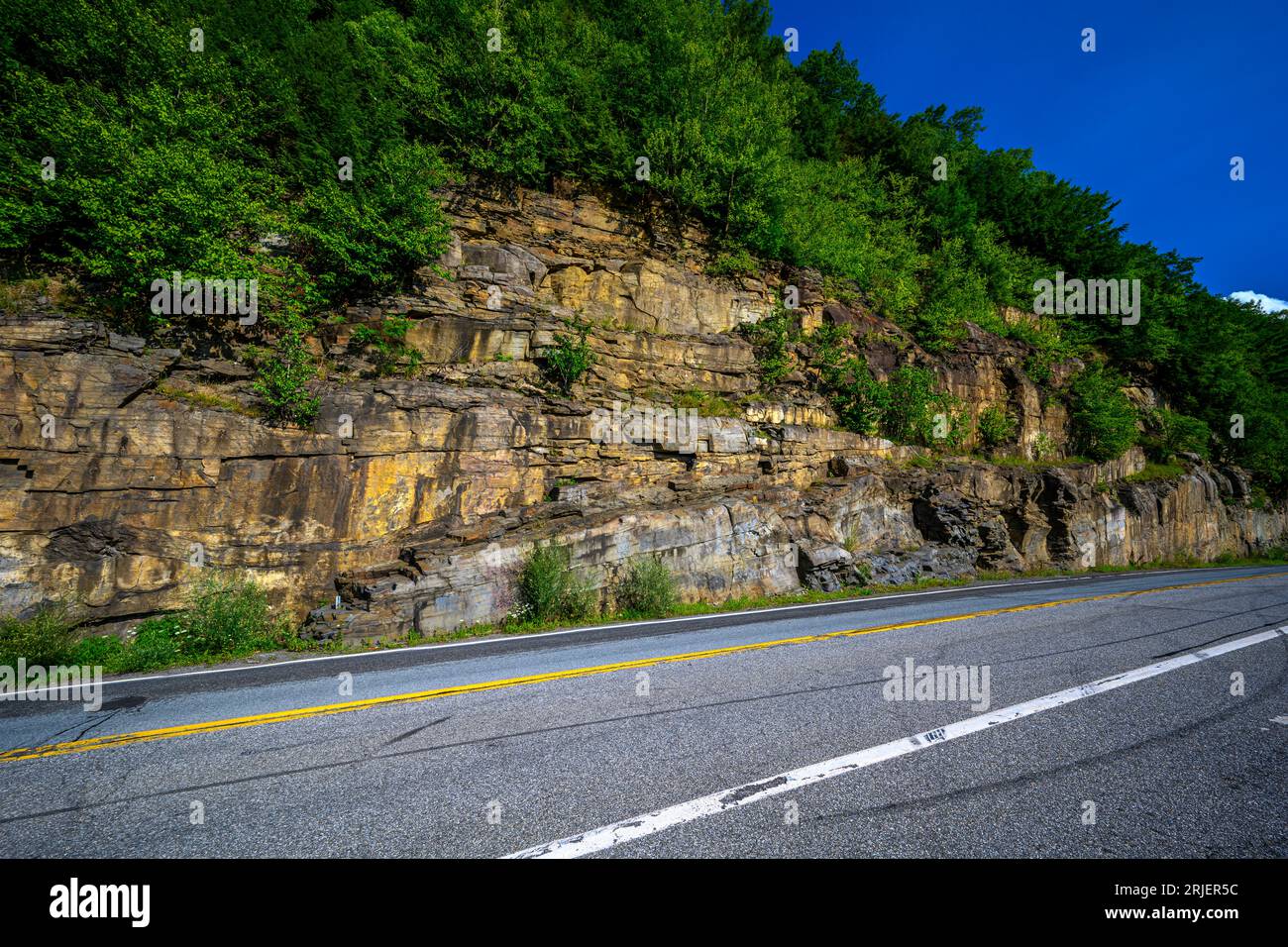 Blick auf den Upper Delaware Scenic Byway (NYS Route 97), der parallel zum Upper Delaware River zwischen den US-bundesstaaten New York und Pennsylvan verläuft Stockfoto