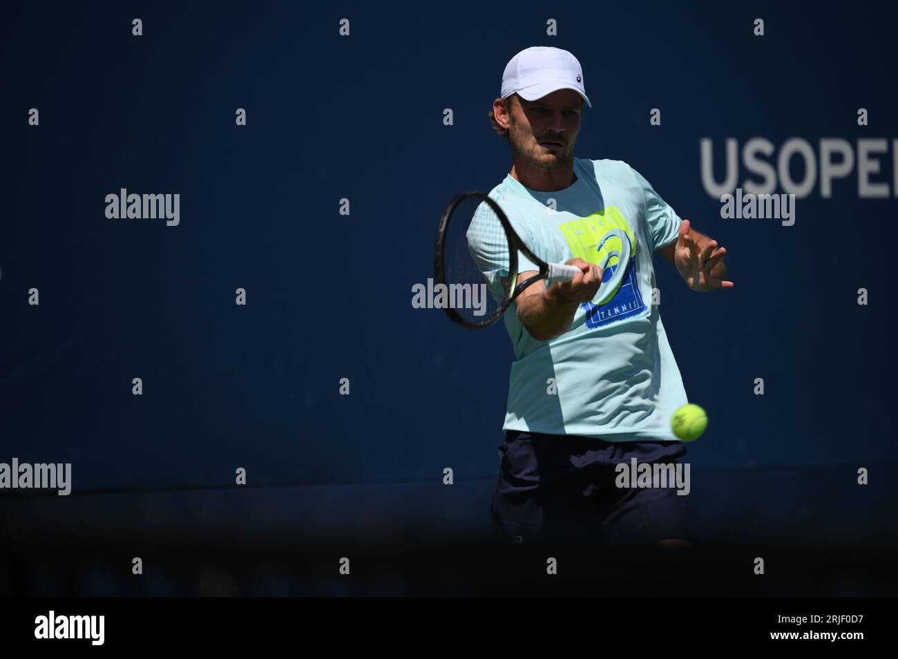 New York, Usa. August 2023. Der belgische David Goffin wurde während einer Trainingseinheit beim US Open Grand Slam Tennisturnier in Flushing Meadow, New York City, USA, in Aktion gezeigt. BELGA FOTO TONY BEHAR Credit: Belga News Agency/Alamy Live News Stockfoto