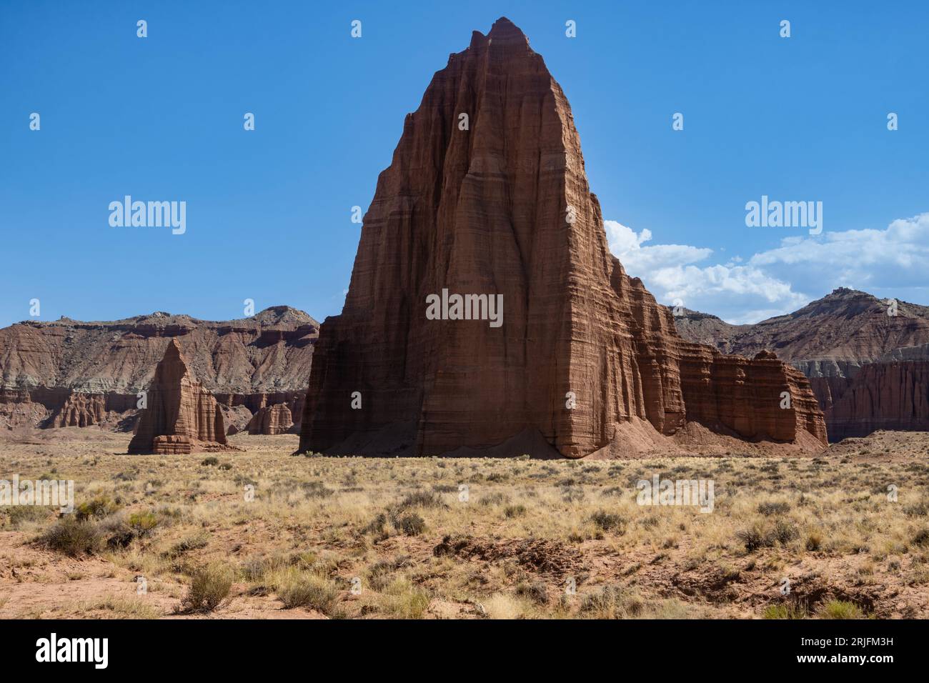 Atemberaubende Felsformationen im Capital Reef National Park, Utah, USA. Viele einzigartige Formen aus roten, orangen und grauen Steinen. Wüstenvegetation in Stockfoto