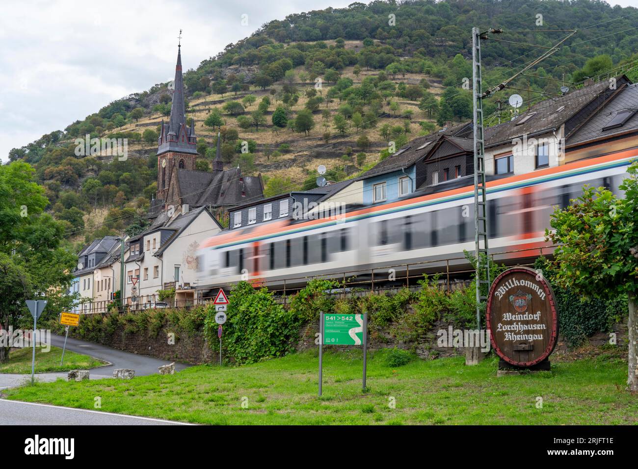 Oberes Mittelrheintal, Bahnstrecke am rechten Rheinufer, Regionalzug, Güterzugstrecke, bis zu 400 Güterzüge verkehren hier innerhalb von 24 Stockfoto