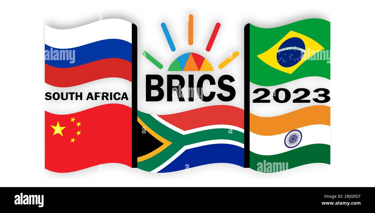 Am 22. August wurde in Johannesburg Südafrika der 15. BRICS-Gipfel eröffnet. Summit Logo und Flaggen Brasilien, Russland, Indien, China, Südafrika Stockfoto