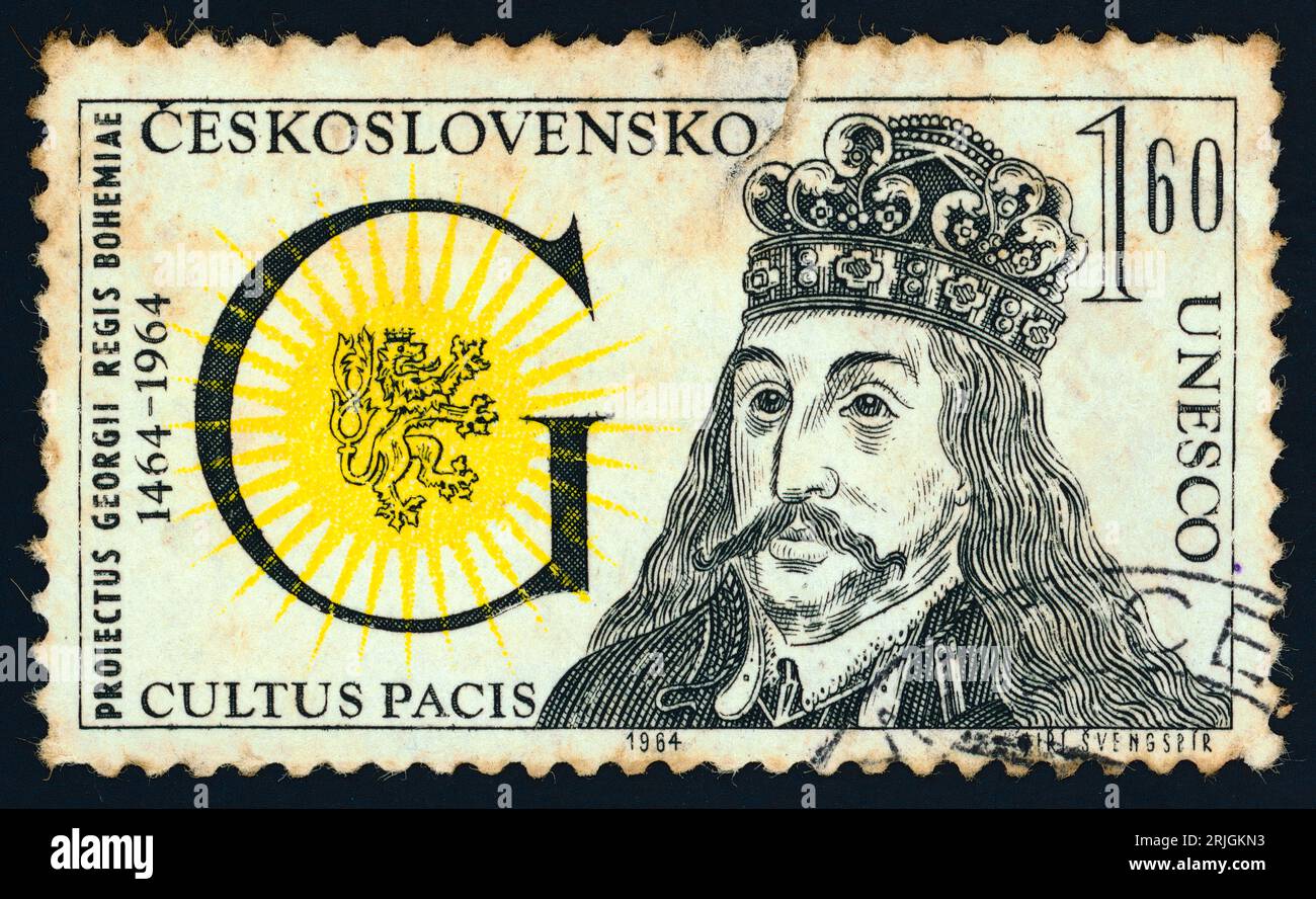 Georg, Spitzname Georg von Poděbrady, König von Böhmen von 1458. Briefmarke aus der Tschechoslowakei 1964 zum 500. Jahrestag pazifistischer Bemühungen. Georg von Kunštát und Poděbrady (1420–1471), auch Poděbrad oder Podiebrad (tschechisch Jiří z Poděbrad; deutsch Georg von Podiebrad), war der sechzehnte König von Böhmen, der 1458–1471 regierte. Er war ein Führer der Hussiten, aber gemäßigt und tolerant gegenüber dem katholischen Glauben. Stockfoto