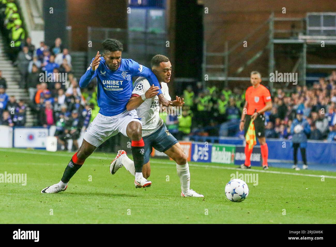 Glasgow, Großbritannien. August 2023. In der ersten Runde des UEFA Champions League Play-offs gegen PSV Eindhoven im Ibrox Stadium in Glasgow, Großbritannien. Dies war das 1. Leg mit dem 2. Spiel, das am 30. August 2023 im Stadion von Eindhoven ausgetragen wurde, als der Gesamtsieger dann in die Gruppenphase aufsteigen wird. Quelle: Findlay/Alamy Live News Stockfoto