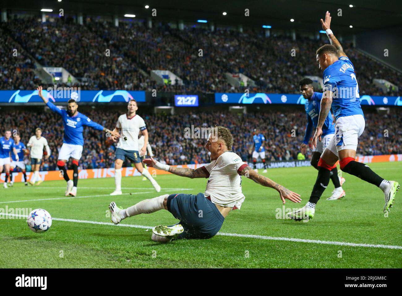 Glasgow, Großbritannien. August 2023. In der ersten Runde des UEFA Champions League Play-offs gegen PSV Eindhoven im Ibrox Stadium in Glasgow, Großbritannien. Dies war das 1. Leg mit dem 2. Spiel, das am 30. August 2023 im Stadion von Eindhoven ausgetragen wurde, als der Gesamtsieger dann in die Gruppenphase aufsteigen wird. Quelle: Findlay/Alamy Live News Stockfoto