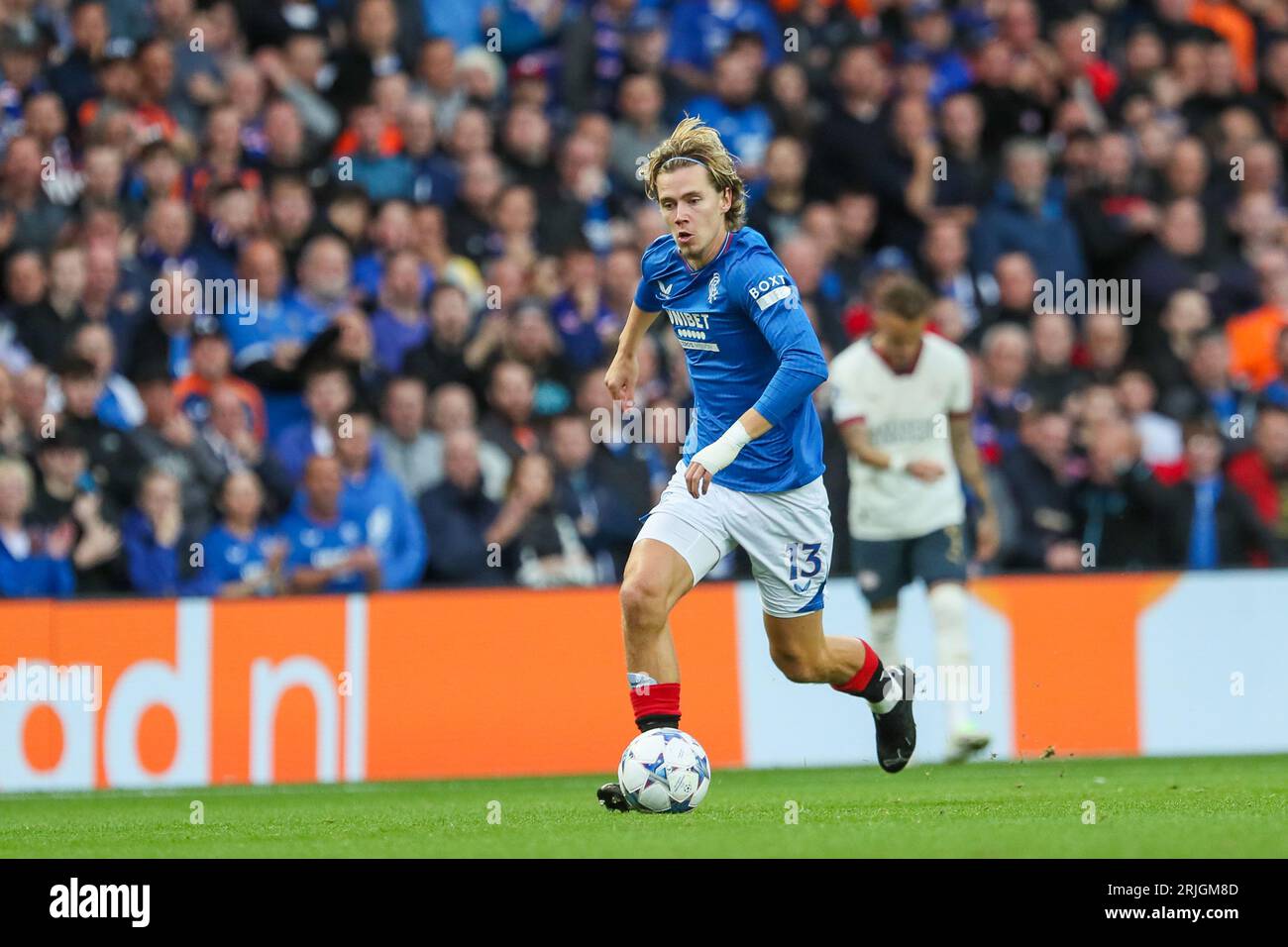 Glasgow, Großbritannien. August 2023. In der ersten Runde des UEFA Champions League Play-offs gegen PSV Eindhoven im Ibrox Stadium in Glasgow, Großbritannien. Dies war das 1. Leg mit dem 2. Spiel, das am 30. August 2023 im Stadion von Eindhoven ausgetragen wurde, als der Gesamtsieger dann in die Gruppenphase aufsteigen wird. Quelle: Findlay/Alamy Live News Stockfoto