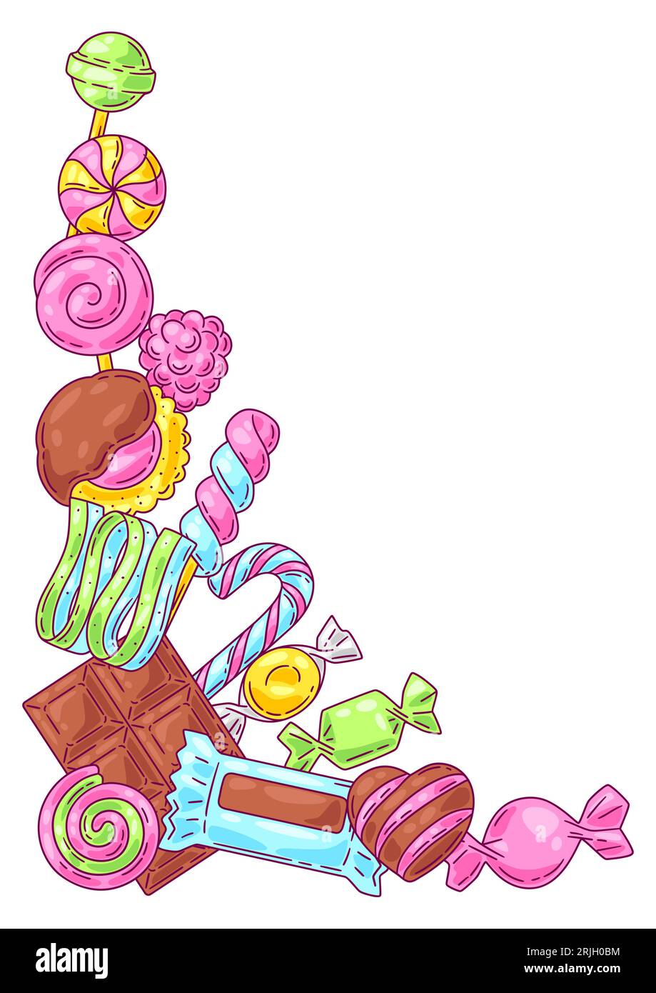 Hintergrund mit Süßigkeiten und Süßigkeiten. Design für Süßwaren oder Süßwarenladen. Stock Vektor