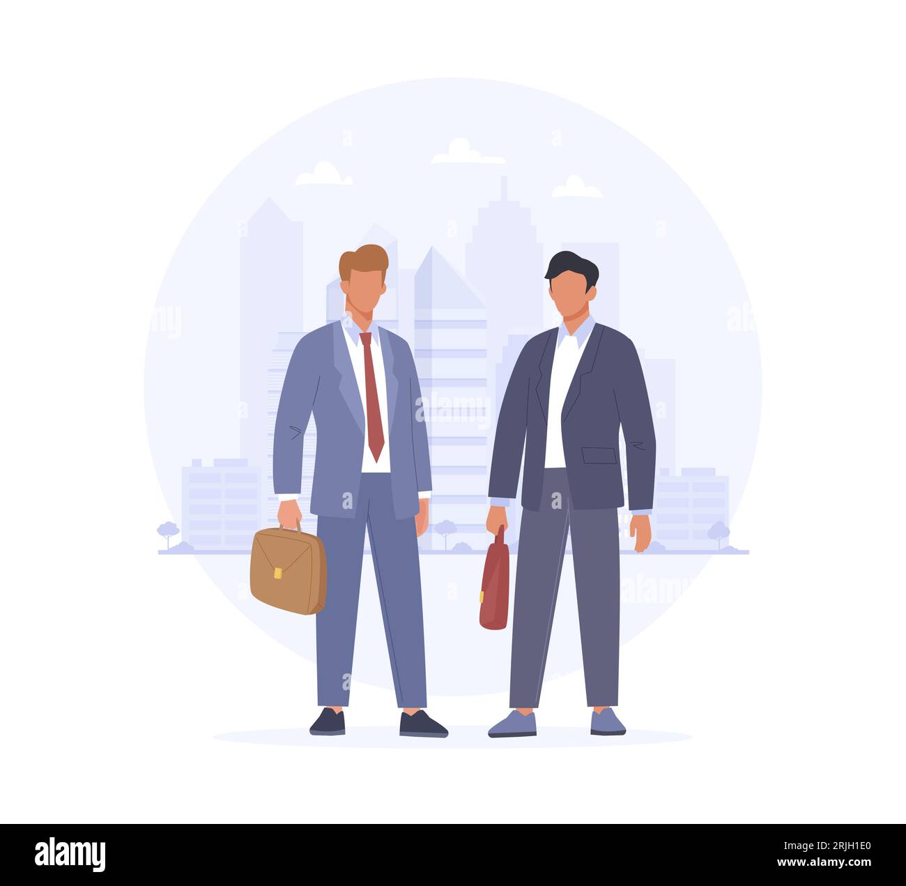 Geschäftsleute in Anzügen, die auf dem Hintergrund der Stadt stehen. Zwei männliche Figuren, die Aktentaschen halten. Partnerschaft, Teamarbeit. Vektor-Illustration in Cartoon Stock Vektor