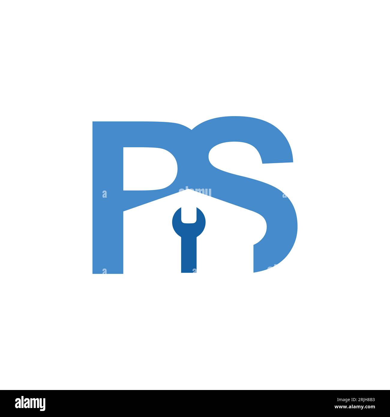 Initial Letter PS Property Home oder House Repair Logo Design. Typografie-Logobuchstabe PS mit Schraubenschlüssel und Haus in negativem Space-Design Stock Vektor