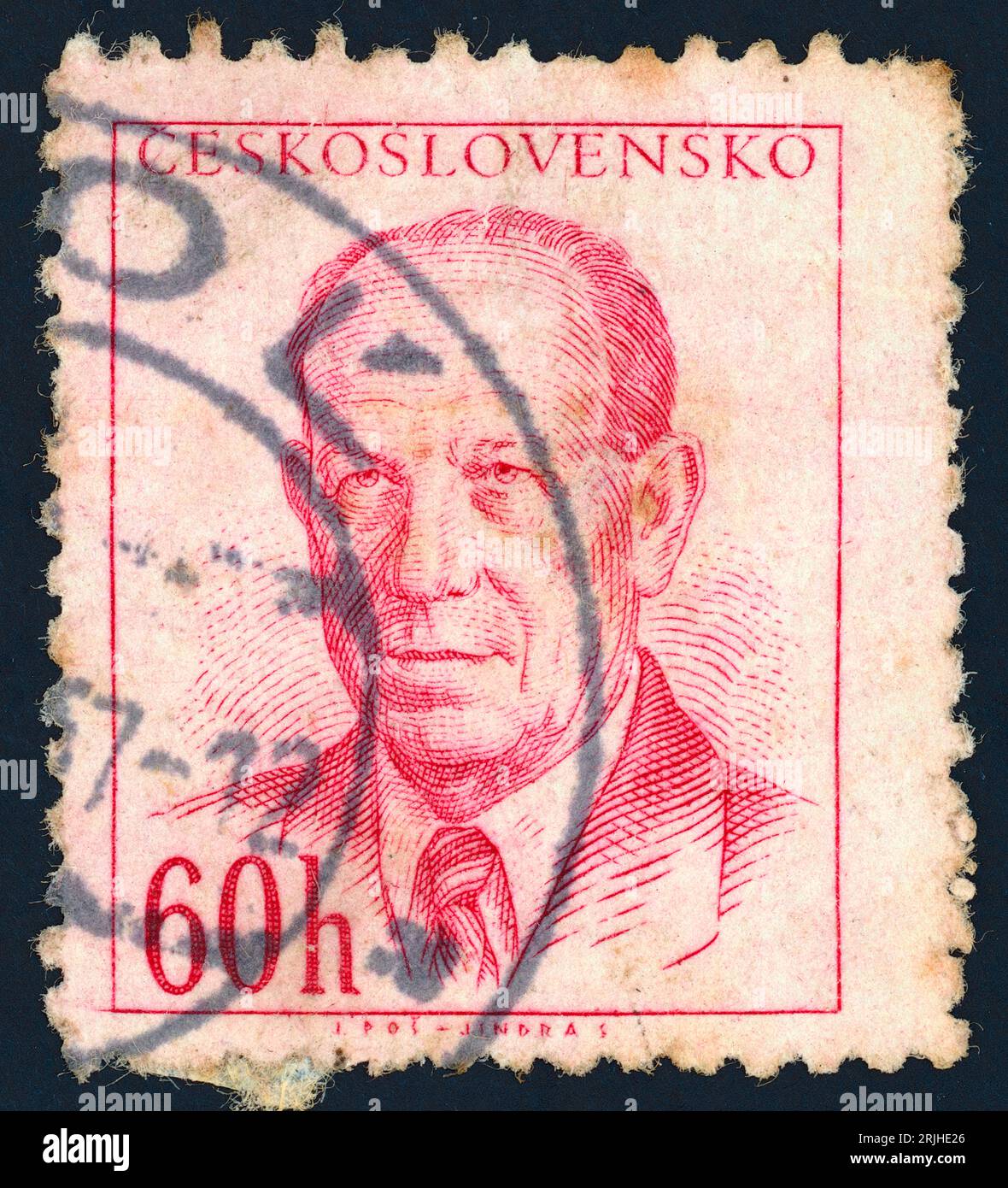 Antonín Zápotocký (1884-1957). Briefmarke, ausgestellt in der Tschechoslowakei 1953. Antonín Zápotocký war ein tschechischer kommunistischer Politiker und Staatsmann, der von 1948 bis 1953 Ministerpräsident der Tschechoslowakei und von 1953 bis 1957 Präsident der Tschechoslowakei war. Stockfoto