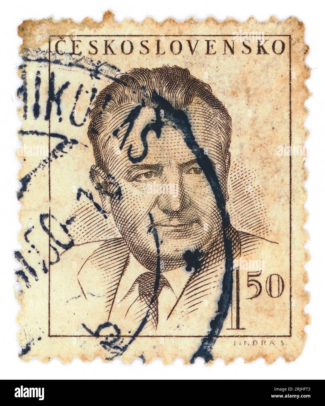 Klement Gottwald (1896–1953). Briefmarke, ausgestellt in der Tschechoslowakei 1948. Klement Gottwald war ein tschechischer kommunistischer Politiker, der von 1929 bis zu seinem Tod 1953 Führer der Kommunistischen Partei der Tschechoslowakei war – bis 1945 als Generalsekretär und von 1945 bis 1953 als Vorsitzender. Er war der erste Führer der Kommunistischen Tschechoslowakei von 1948 bis 1953. Stockfoto
