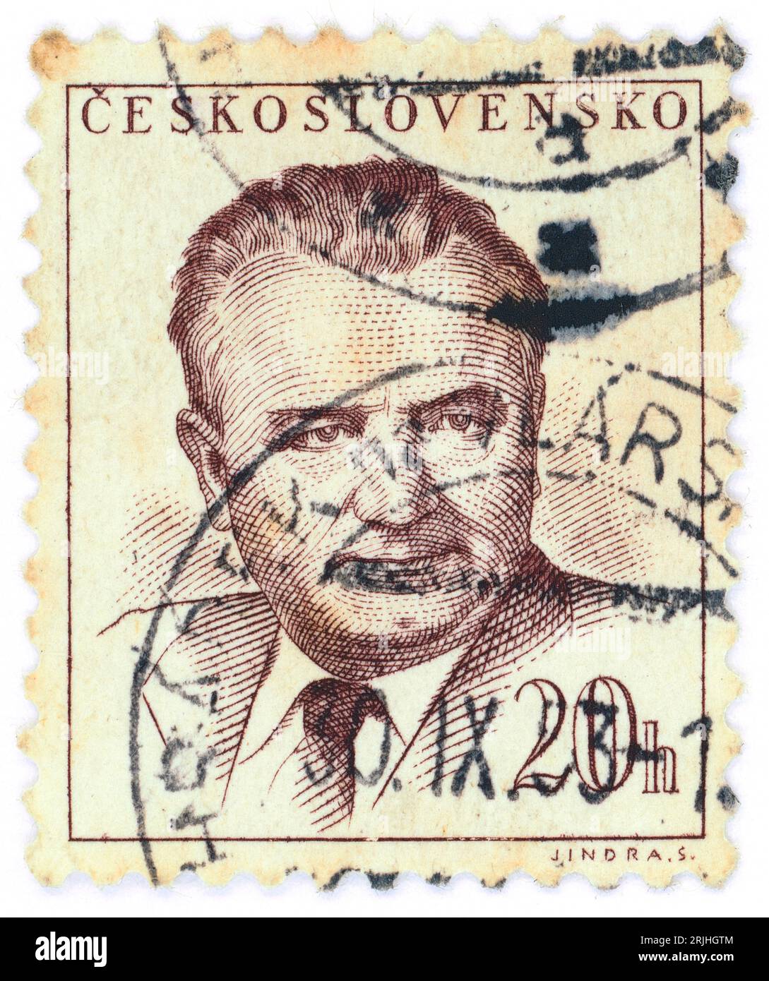 Klement Gottwald (1896–1953). Briefmarke, ausgestellt in der Tschechoslowakei 1948. Klement Gottwald war ein tschechischer kommunistischer Politiker, der von 1929 bis zu seinem Tod 1953 Führer der Kommunistischen Partei der Tschechoslowakei war – bis 1945 als Generalsekretär und von 1945 bis 1953 als Vorsitzender. Er war der erste Führer der Kommunistischen Tschechoslowakei von 1948 bis 1953. Stockfoto