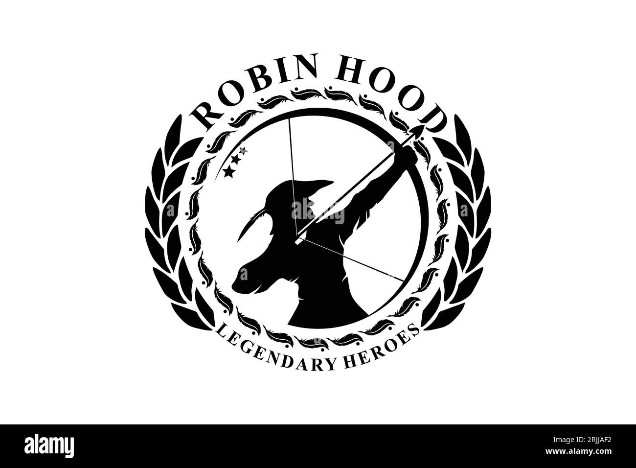 Legendäre Silhouette der Robin Hood des Helden. Mythische Robin Hood Das Kriegerlogo In Form Von Münzen Stock Vektor