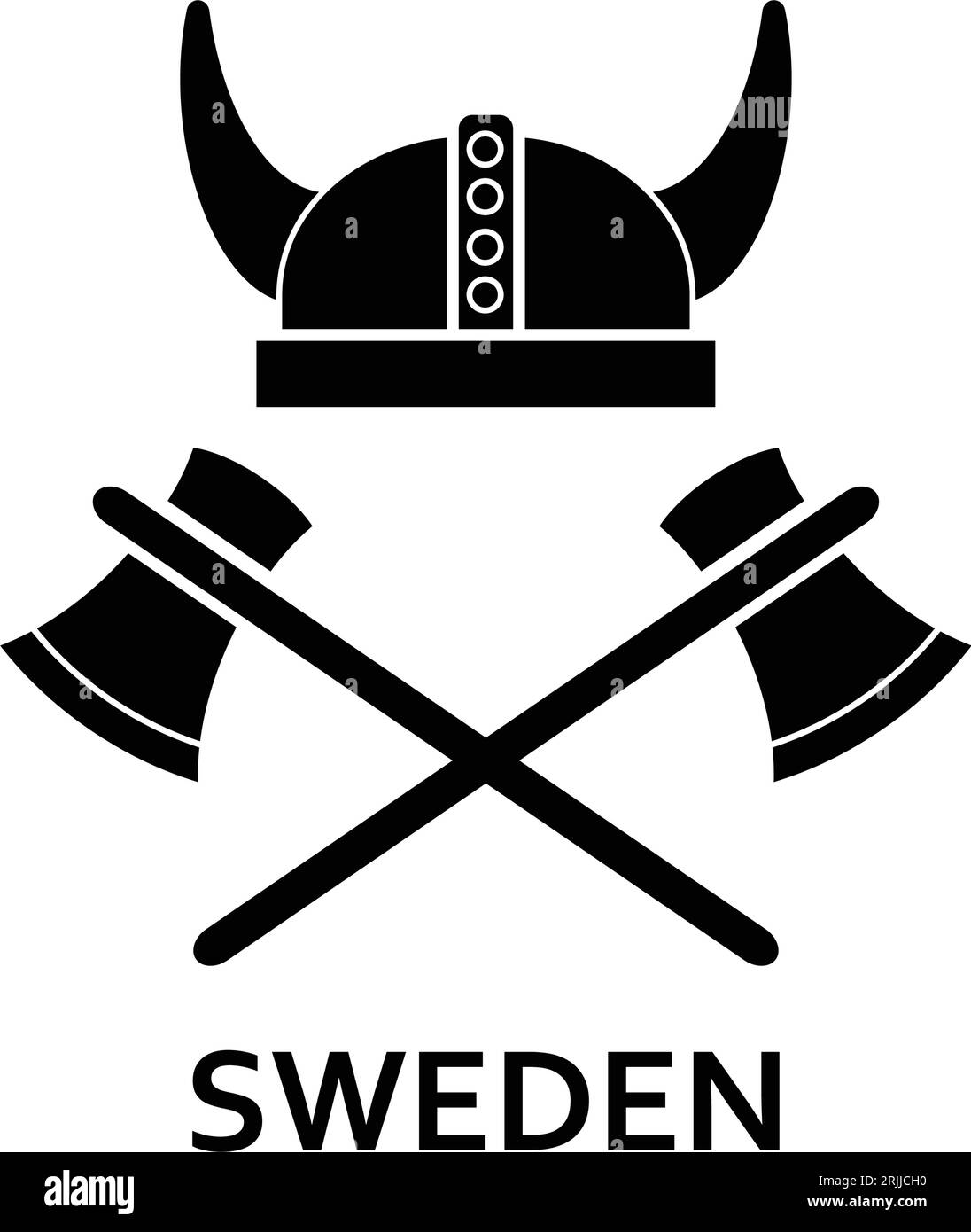 Gehörnter Helm, Äxte und schwedische Schriftzeichen Stock Vektor