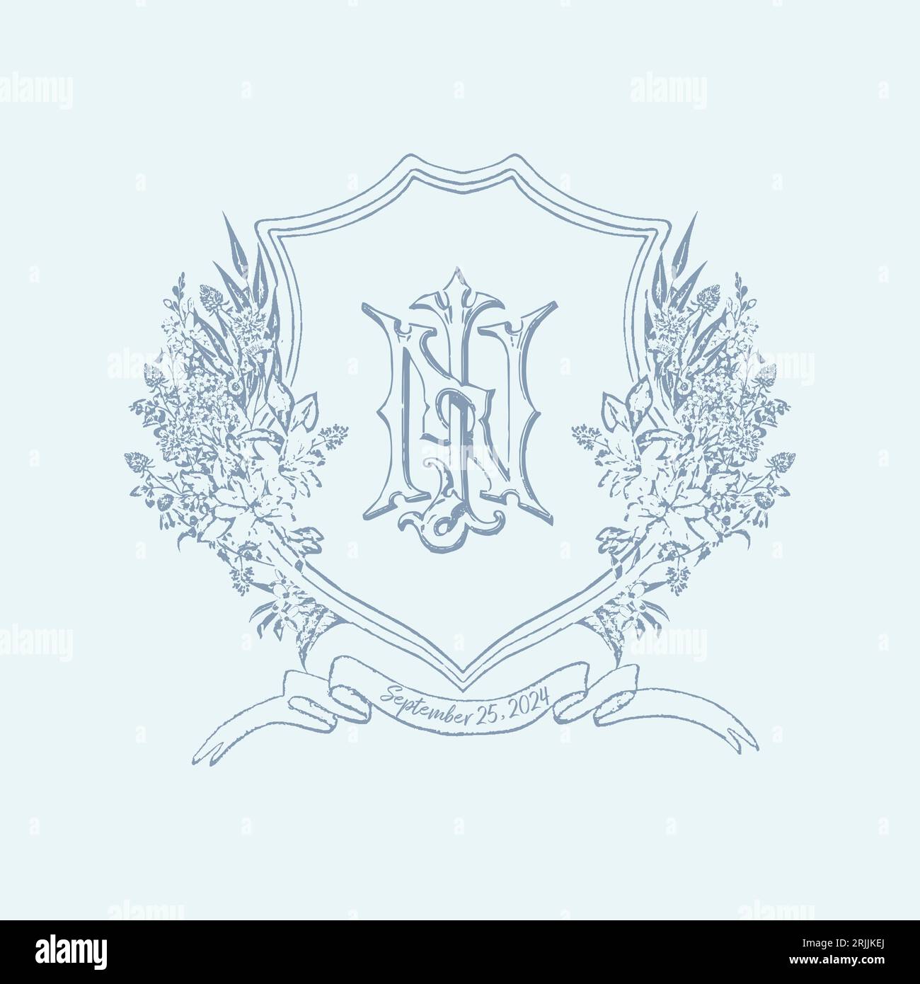 Vintage NJ JN Initial Monogramm mit floralem Hochzeitswappen. Vintage-Hochzeitswappen-Monogramm. Stock Vektor