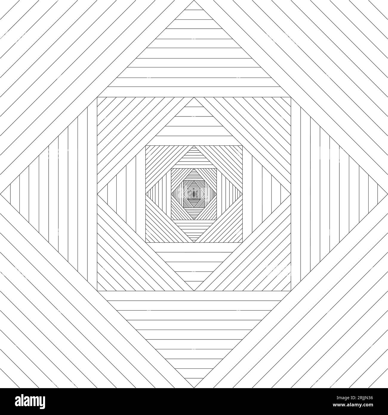 Vektor-3D-Illustration der Tunnelwirbelansicht mit geometrischen hypnotischen schwarzen Streifen innerhalb eines Lochs. Stock Vektor