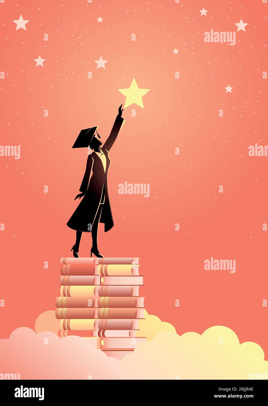 Konzept Illustration einer Frau in Graduierung Toga Reichweite für die Sterne durch die Verwendung von Büchern als Plattform. Bildungskonzept. Stock Vektor