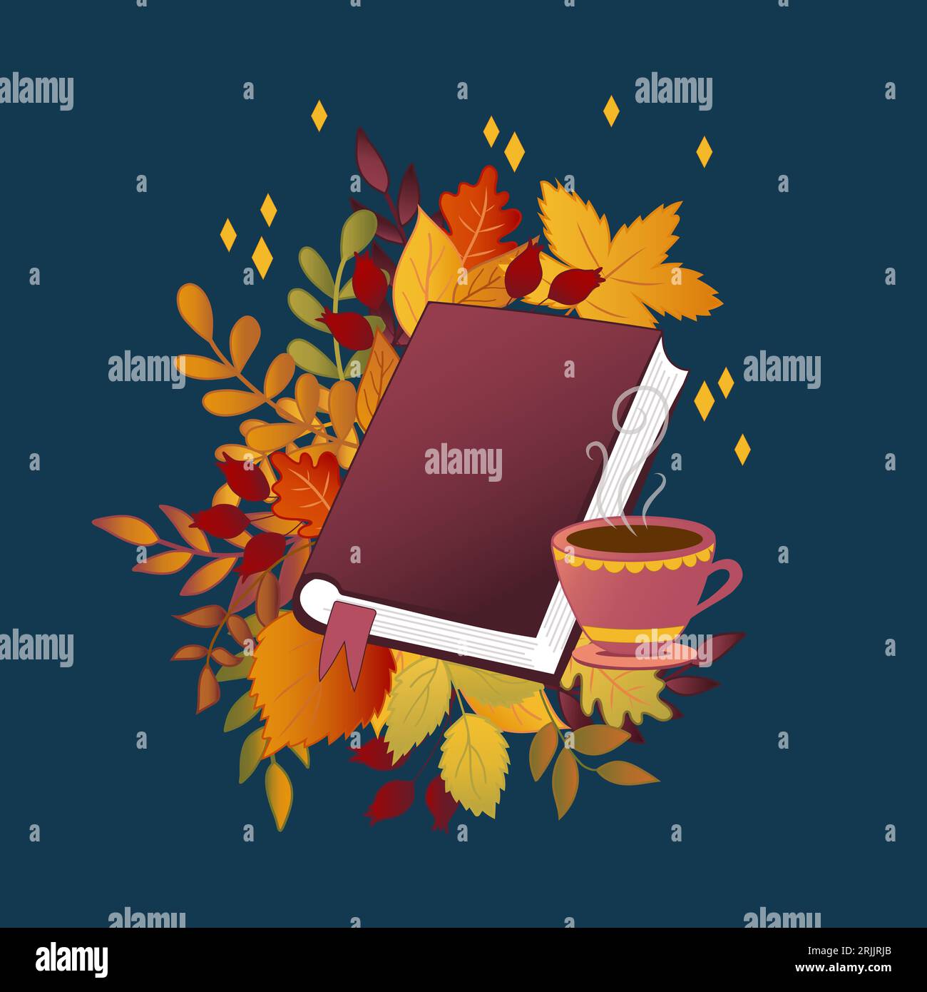 Buch, Herbstblätter und eine Tasse Tee. Stock Vektor