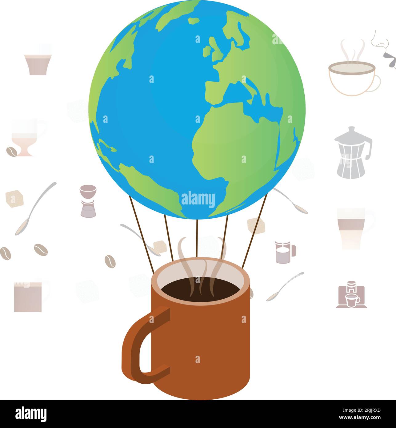 Heißluftballon aus der Erdkugel und einer Kaffeetasse, World Coffee Day Konzept Stock Vektor