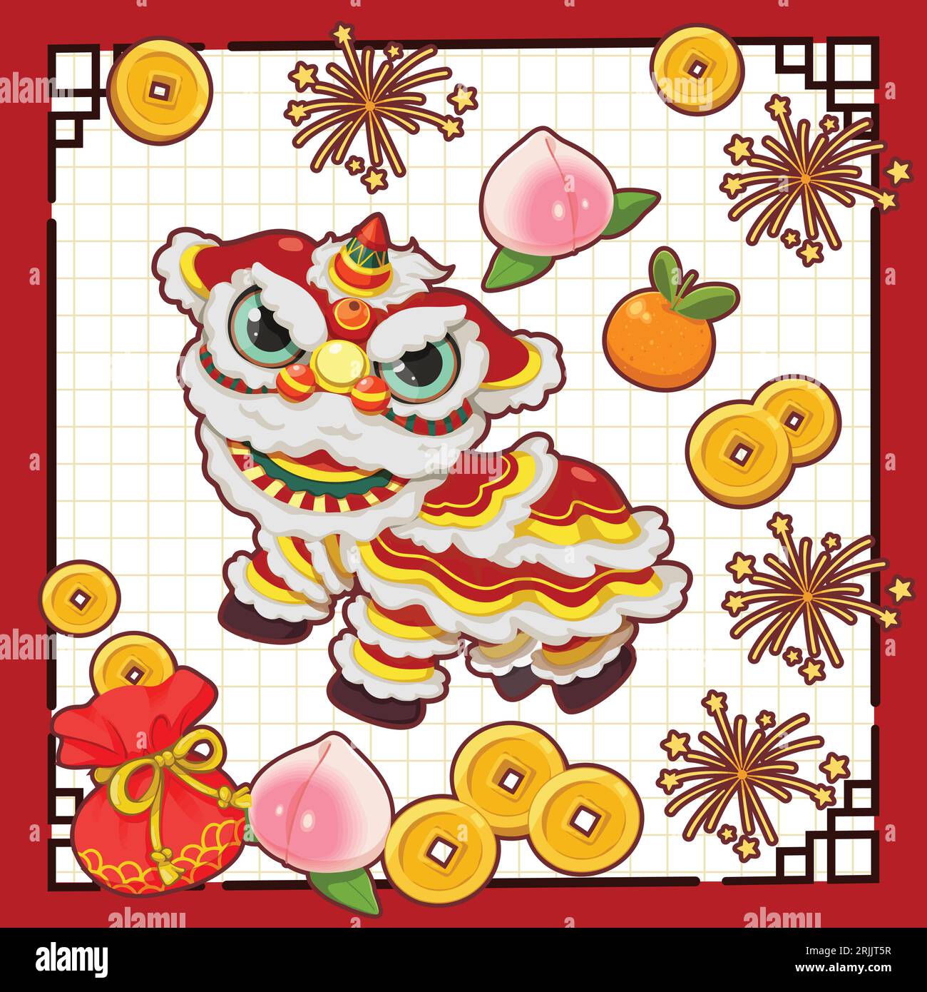Glückliche Grußkarte für das chinesische Neujahr. Niedliches chinesisches Karikaturmädchen in traditionellem Kostüm mit Löwentanz. Stock Vektor