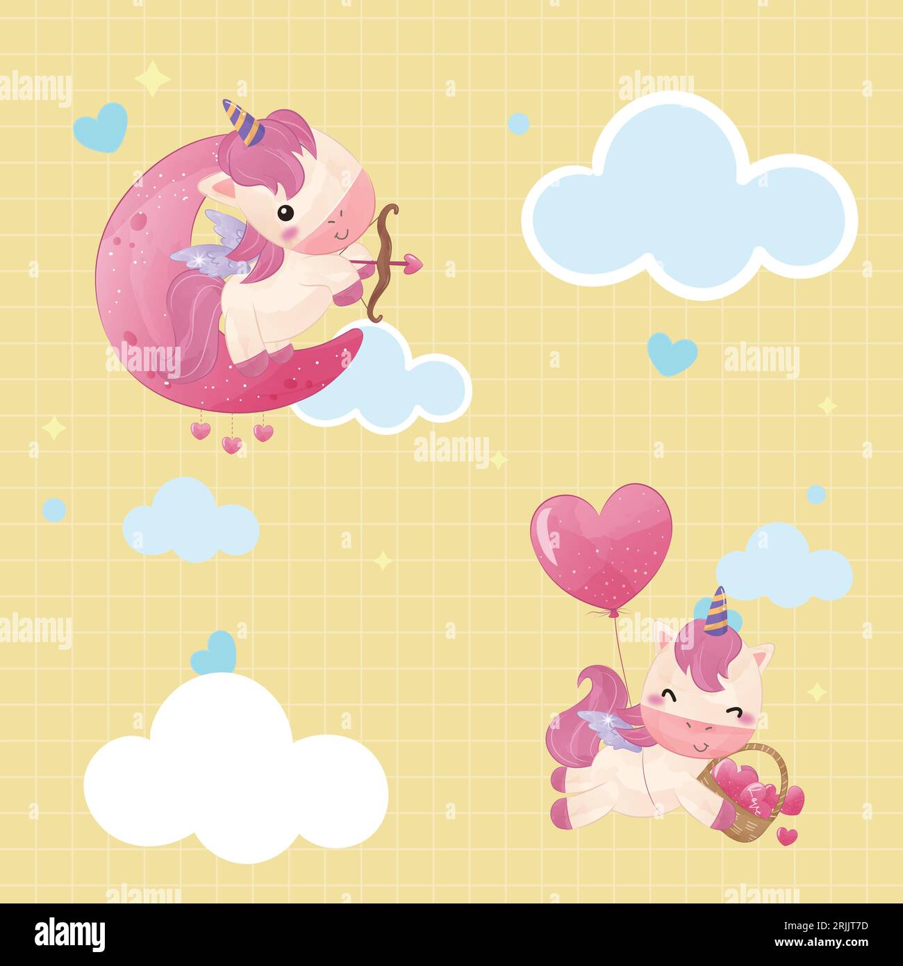 Niedliches Karikatureinhorn mit Herz auf dem Mond und Ballons Vektor-Illustration Stock Vektor