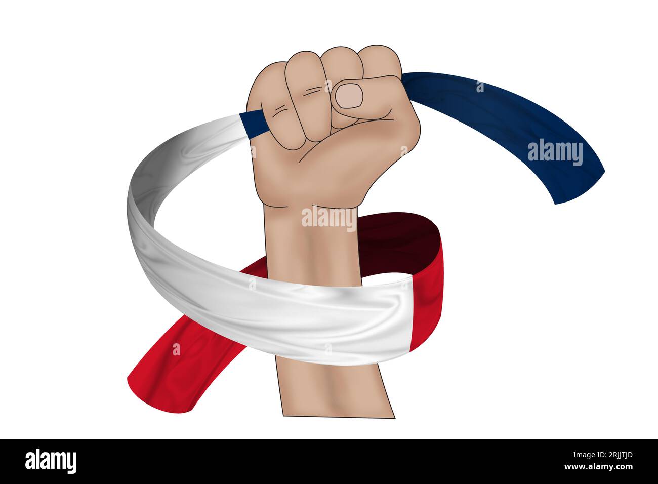 3D-Illustration. Handfahne von Frankreich auf einem Stoffband-Hintergrund. Stockfoto