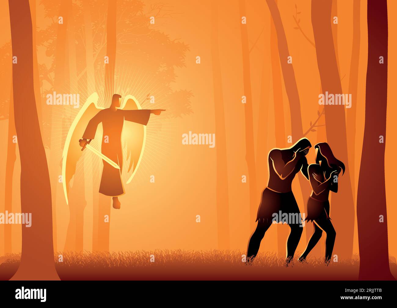 Biblische Vektor-Illustration-Serie, Adam und Eva aus dem Garten vertrieben Stock Vektor
