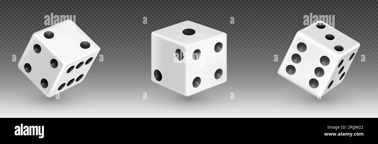 3D isolierte, realistische Würfel in Weiß für das Casino-Spiel-Vektorsymbol. Backgammon-Glückswürfelrolle mit 1, 6 oder zwei Punkten. Zufallsdrehung mit „Square Luck“ für Poker-Entertainment-Illustration Stock Vektor