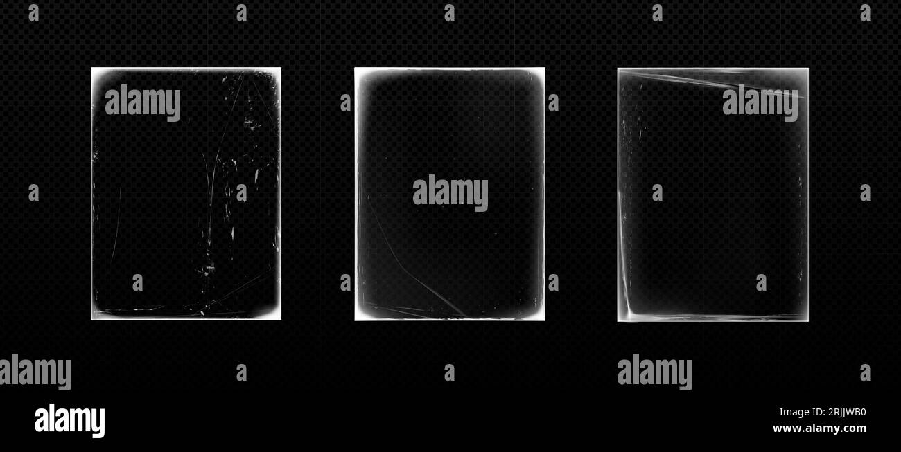 Überlagerungsrahmen aus altem Papier mit klassischem Grunge auf schwarzem Hintergrund. Retro-Musik-Poster oder isoliertes Scratch-Fotoeffekt-Set. Leere, weiße, rechteckige, verdichtete Oberflächenmaterialstruktur von grange Stock Vektor