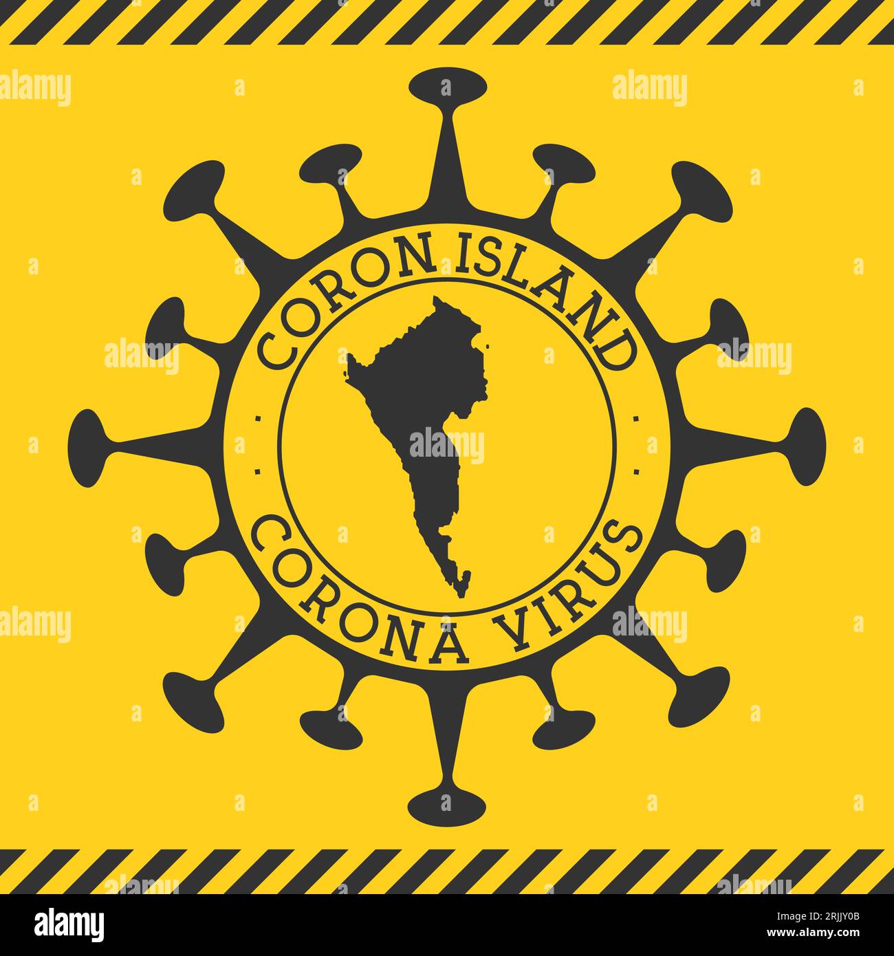 Corona-Virus auf Coron Island-Zeichen. Rundes Abzeichen mit Form des Virus und Coron-Karte. Gelbe Insel-Epidemie-Abriegelmarke. Vektorillustration. Stock Vektor