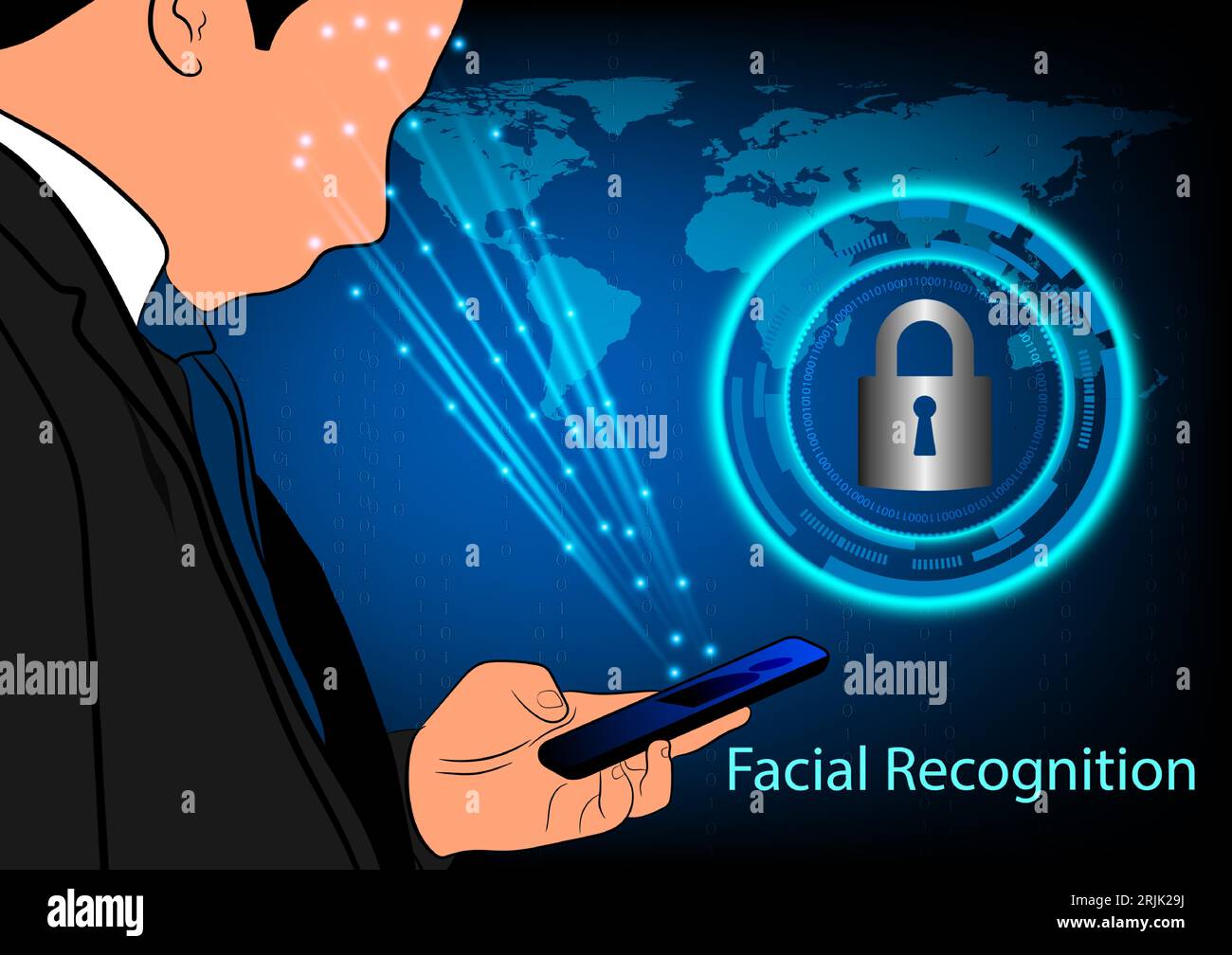 Geschäftsleute, die ein Mobiltelefon mit einem Gesichtserkennungskonzept halten, Vektorillustration Stock Vektor