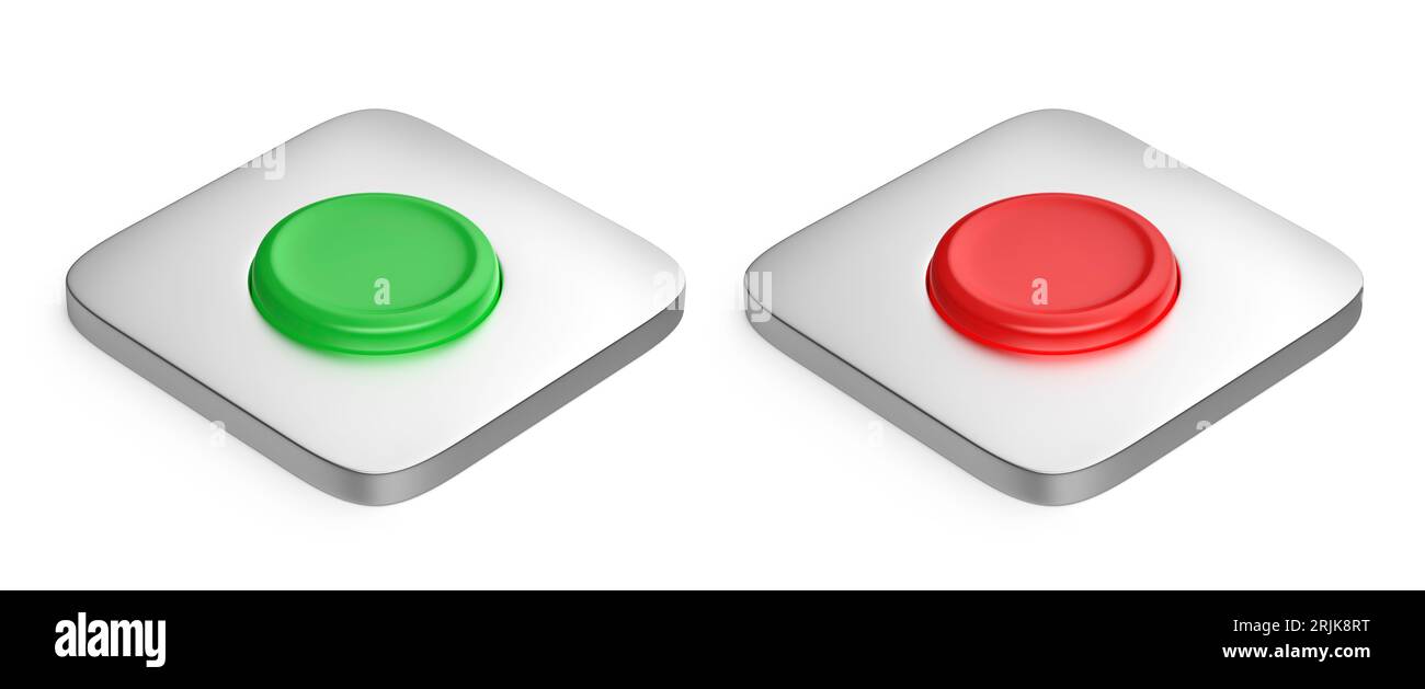 Grüne und rote runde Tasten auf weißem Hintergrund Stockfoto