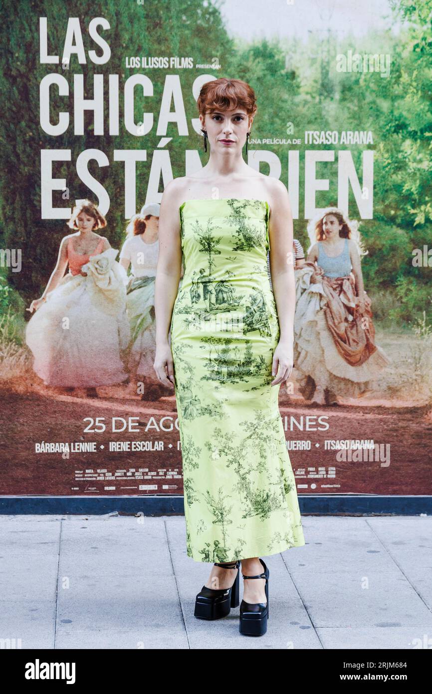 Film director Itsaso Arana poses at the photocall of the film 'Las chicas están bien' at Golem cinemas, August 22, 2023, in Madrid (Spain). 'Las chicas están bien' is a film directed by Isatso Arana about four actresses and a writer rehearsing a play in an old mill. The film opens on August 25. AUGUST 22;2023 Carlos Luján / Europa Press 08/22/2023 (Europa Press via AP) Stockfoto