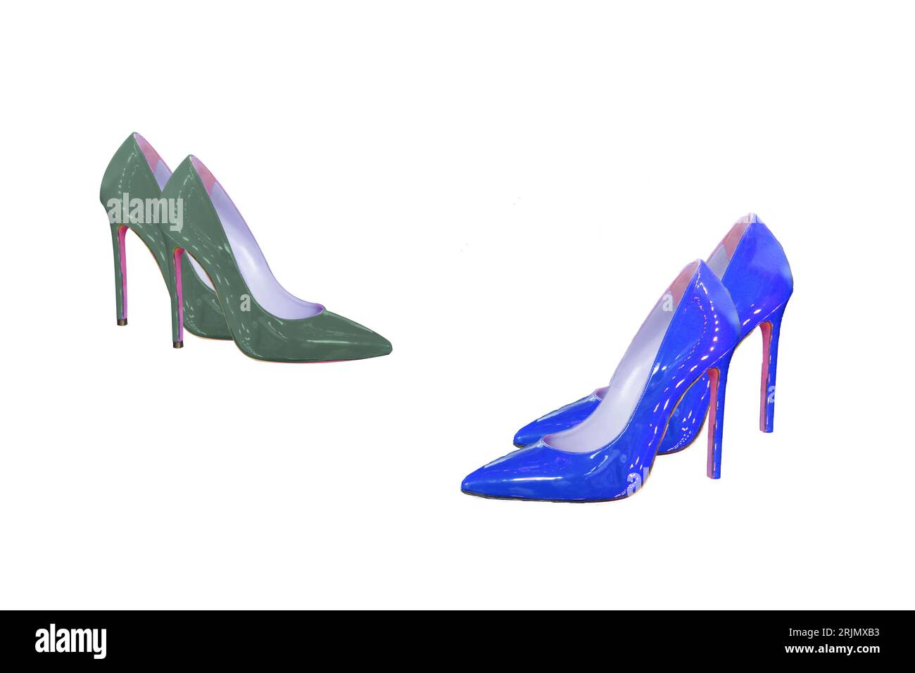 Blaue und grüne Schuhe mit hohem Absatz auf weißem Hintergrund. Stockfoto