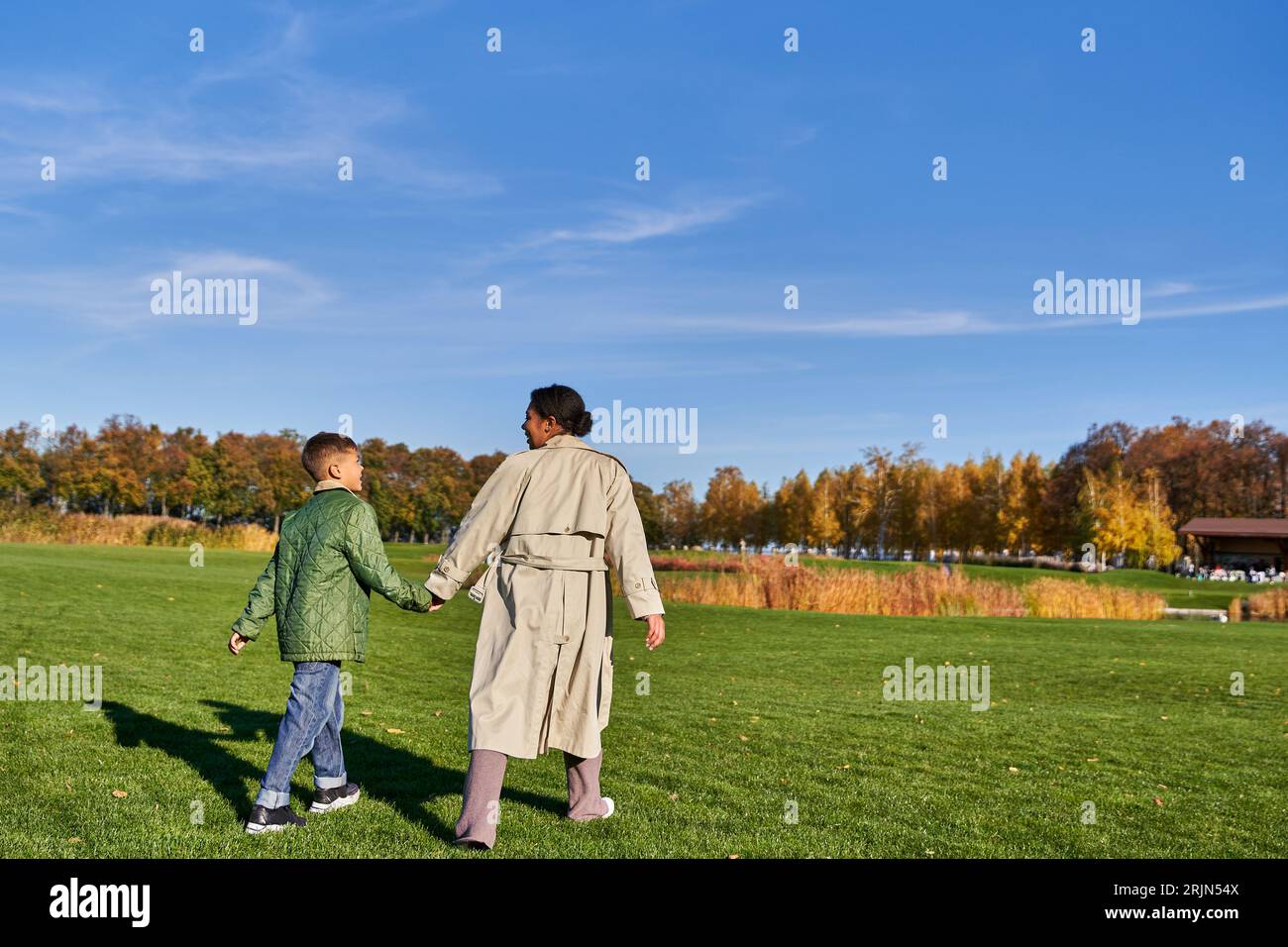 Fröhliche afroamerikanische Mutter und Kind, die Hände halten, auf grünem Gras spazieren gehen, warme Herbsttage Stockfoto