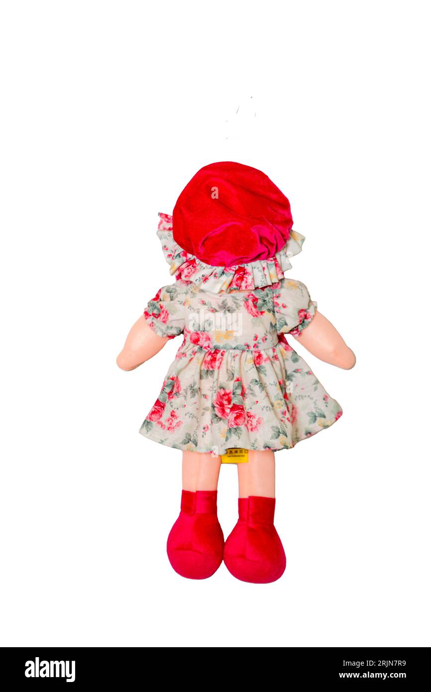 Die Rückseite einer entzückenden handgefertigten Puppe mit einem Blumenkleid Stockfoto
