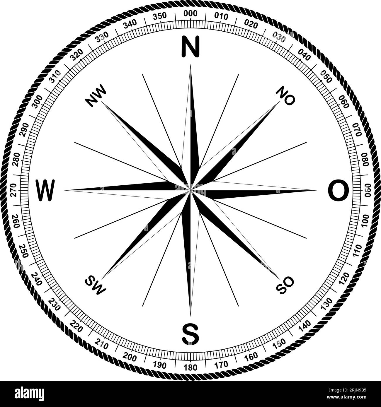 Kompassrosenvektor mit deutscher Ostbeschreibung. Acht Windrichtungen. Navigationssymbol mit abstraktem Kordelrahmen und acht Spike-Windrosen. Stock Vektor