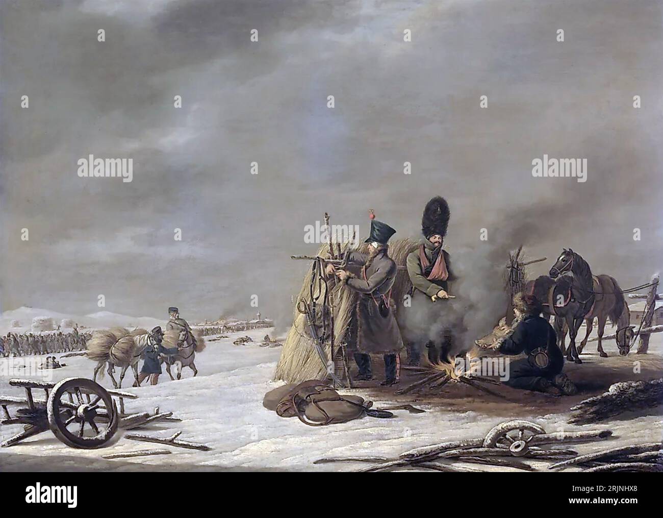 NAPOLEONS RÜCKZUG AUS MOSKAU von Johannes Hari um 1820. Französische Soldaten Biwaak in Molodetskaya Stockfoto