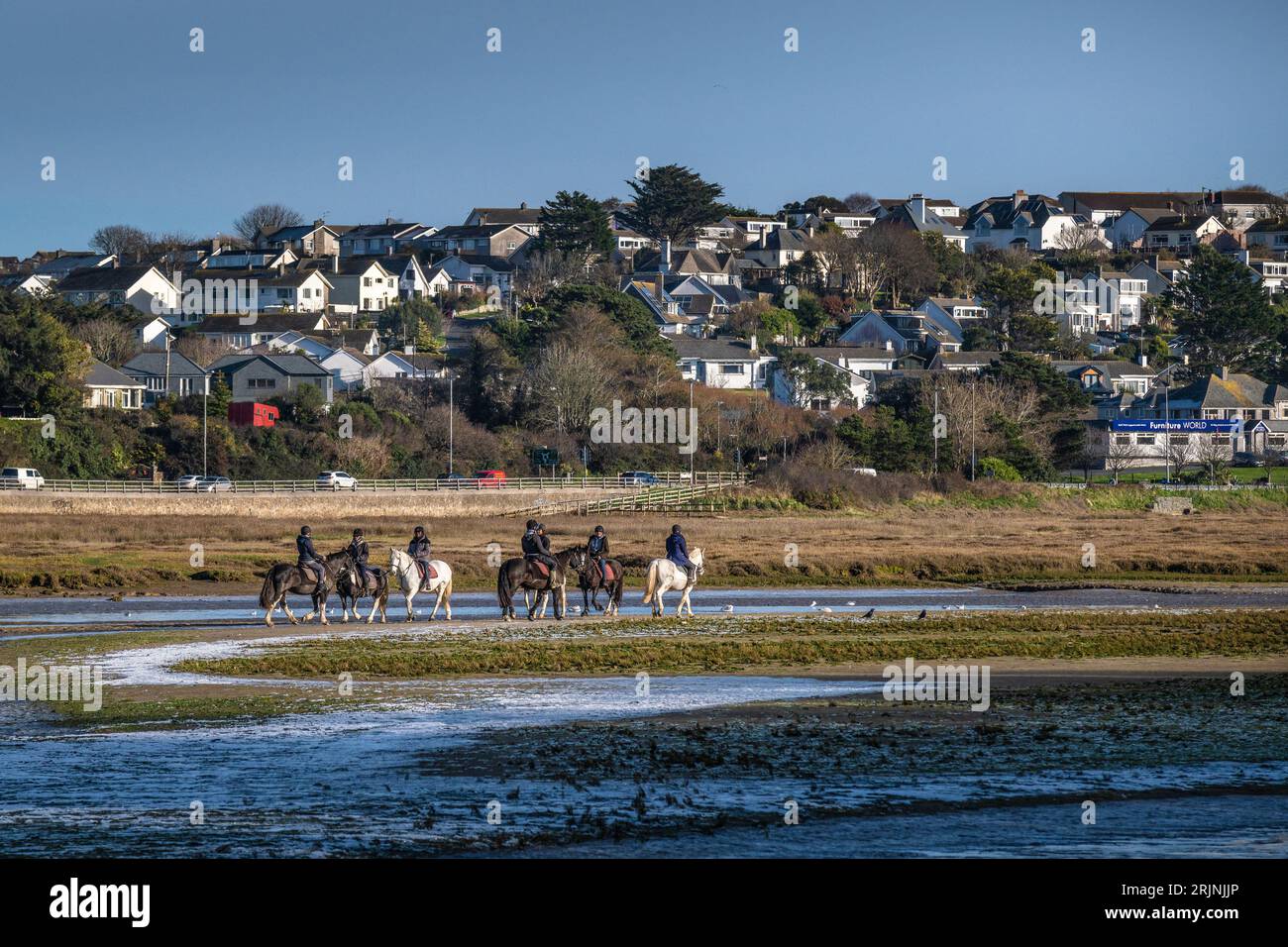 Reiter auf dem Gannel River in Newquay in Cornwall im Vereinigten Königreich. Stockfoto